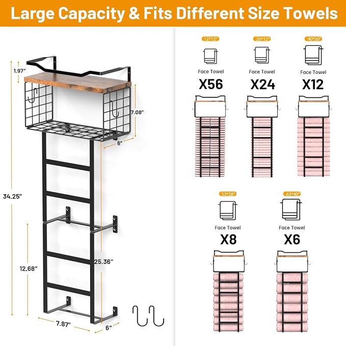 Towel Racks for Bathroom, 34IN Towel Rack Wall Mounted with 2 Pack Towel Shelf and a Wire Basket, Rolled Towel Holder Shelf Bathroom Storage and Organizer, Sturdy Metal & Wood, Black