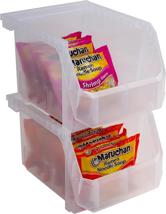 ReadySpace Medium-Tall Stackable Plastic Storage Bins, 4-Pack, Clear | Open-Front Stackable Bins For Garage, Pantry, Closet & Office, 7"L X 11"W X 8"H, Nests When Empty, Durable Plastic,