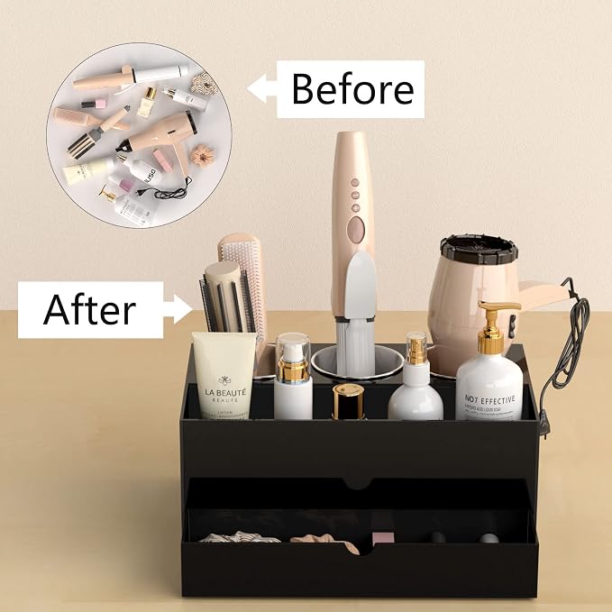NIUBEE Acrylic Hair Tool Organizer with Drawer, Hair Dryer Holder Organizer | Black, Hot Tools Organizer Countertop with 3 Cups, Hair Blow Dryer Storage for Curling Iron, Brush, Straightener, Bathroom