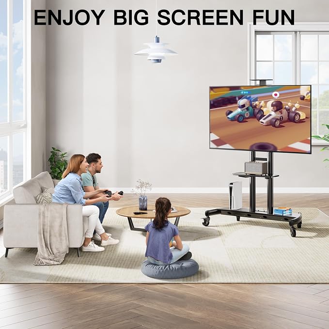 PERLESMITH Mobile TV Stand for 55-90 Inch Flat/Curved Screen TV Max VESA 800x500mm Outdoor TV Cart with Height Adjustable AV Shelf- UL Certificated Rolling Floor TV Stand Holds up to 200Lbs (PSTVMC07)