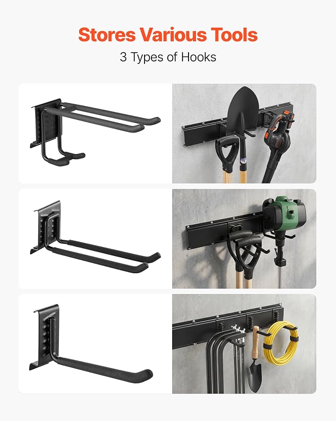 VEVOR Garage Tool Organizer 49.5 Inch 600 lbs Wall Mount Garden Tool Rack, Heavy Duty Garage Hanging Storage Rack Organization with 3 Rails and 9 Adjustable Hooks, for Yard Tools, Shovel, Rake, Shed