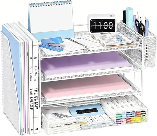 OPNICE Desk Organizer, 4-Tier Desktop File Organizer with Drawer and Pen Holders, Office Desk Accessories, File Sorters, Workspace Organizers for Office Supplies(White - Metal Pen Holder)