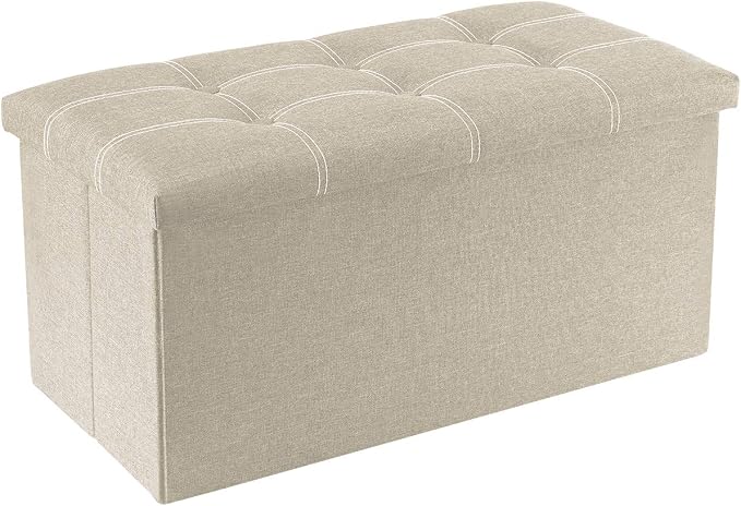YOUDENOVA 30" Linen Ottoman with Storage, Folding Bench, Beige | Foldable linen ottoman with hidden storage, padded seat and sturdy frame for living room or bedroom.