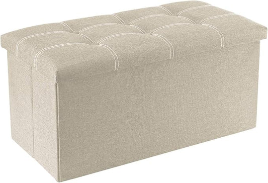YOUDENOVA 30" Linen Ottoman with Storage, Folding Bench, Beige | Foldable linen ottoman with hidden storage, padded seat and sturdy frame for living room or bedroom.
