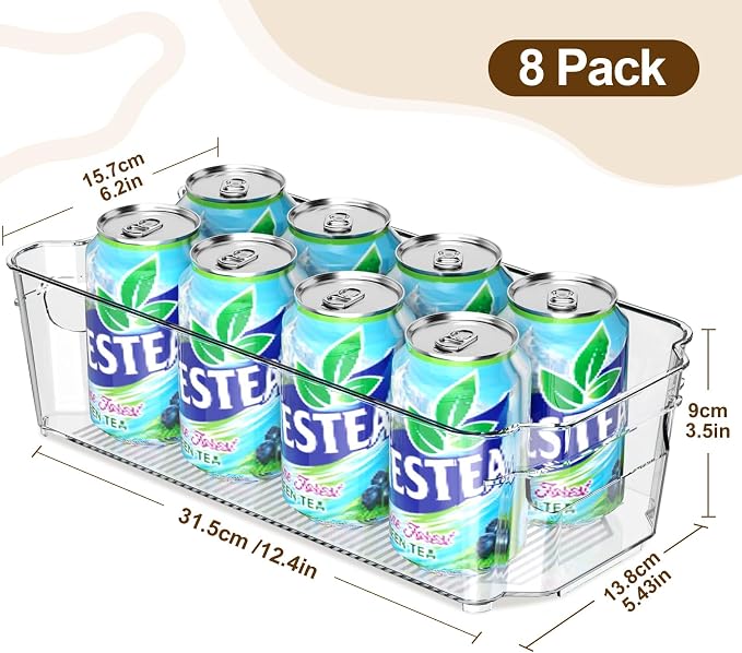 Clear Fridge Organizer, Refrigerator Organizer Bins with Handle, Freezer, Kitchen Cabinet, Pantry Organization, BPA Free Fridge Organizers (12.4 inch 8 Pack)