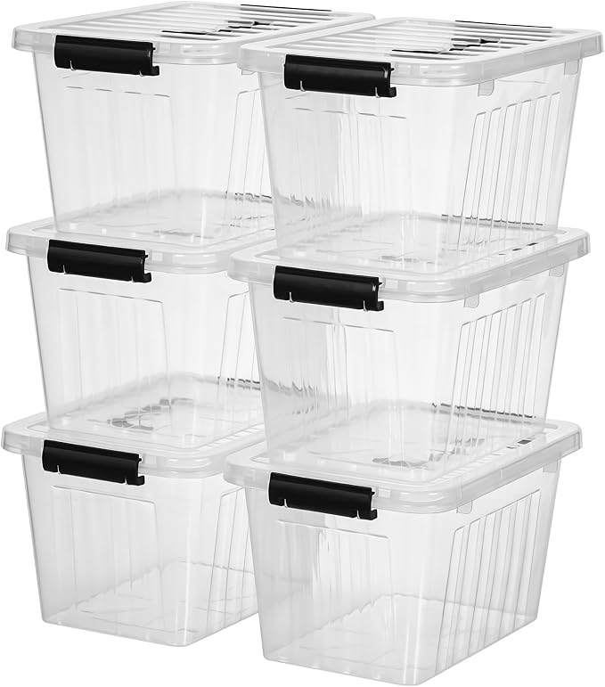 Citylife 7 Qt Clear Plastic Storage Bins with Lids and Handle Small 6 Pack | Stackable See-Through Craft Storage Box Latches Durable Containers Secure Pull Handle Organizing for Home Kitchen pantry