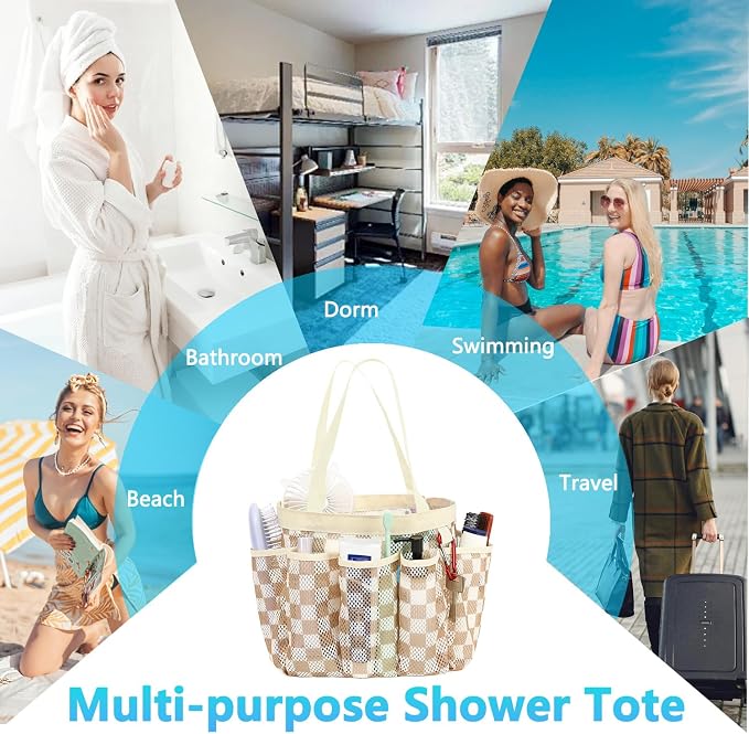 Fammart Mesh Shower Caddy Portable for College Dorm Room Essentials, Odorless Polyester Large Shower Tote Bag with Dual Handles, 8-Pocket Quick-Dry Toiletry Organizer for Travel, Beach, Camping, Gym