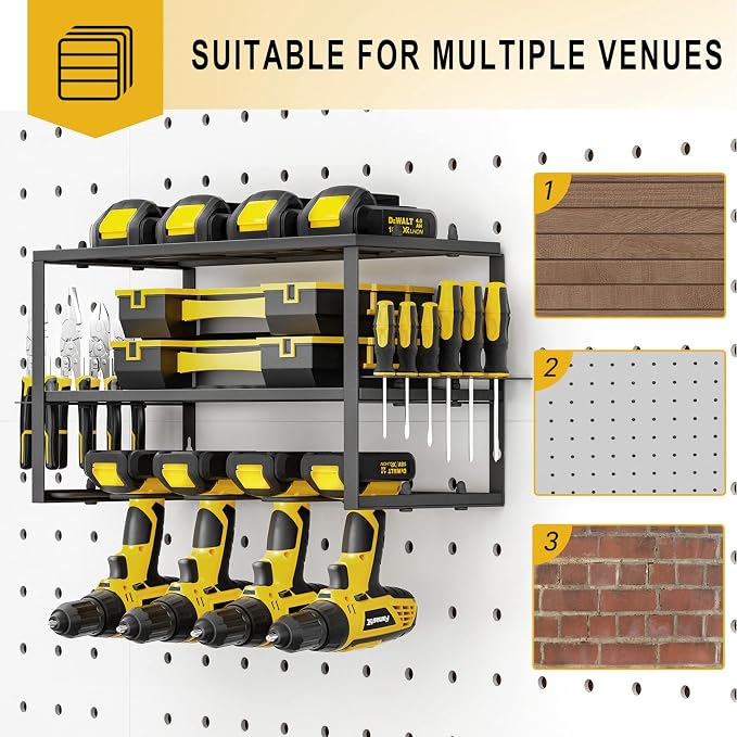 SPACECARE Power Tool Organizer- 1 Pack 3 Layers Rack for 4 Drill Holders | Heavy Duty Tool Shelf Durable Wall Mount Tool Storage Rack for Work Shop, Garage Organization, 150Lbs Load Capacity, Black