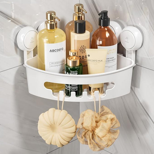 TAILI Corner Shower Caddy with Suction Cups, Wall Mounted Organizer Plastic Rack for Small Bathrooms, Kitchen, Removable Drill-Free Heavy Duty Shelf Basket, White | Plastic Rack, Small Bathroom Caddy, Removable, Drill-Free ,Heavy Duty Shower Basket