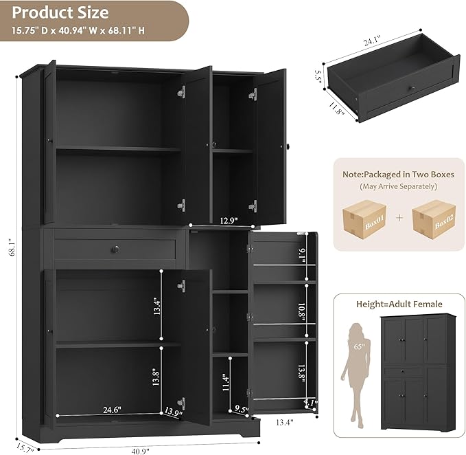 HOSTACK 68" Tall Kitchen Pantry Storage Cabinet with Doors & Shelves, Black | Large Pantry Cabinet with Door Rack, Freestanding Kitchen Storage Cabinet with Drawer, Food Pantry for Dining Living room