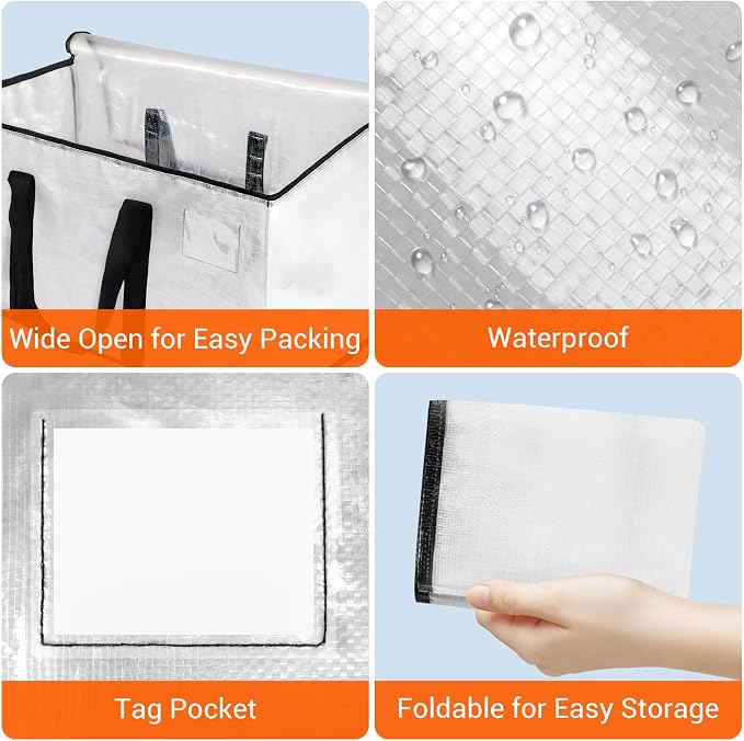 HomeHacks Moving Bags, Heavy Duty Storage Bags for Clothes, 6 Pack 93L | Waterproof moving bag with zipper and Handles, clear storage bags packing bags for moving, camping, home organization, 24Gal