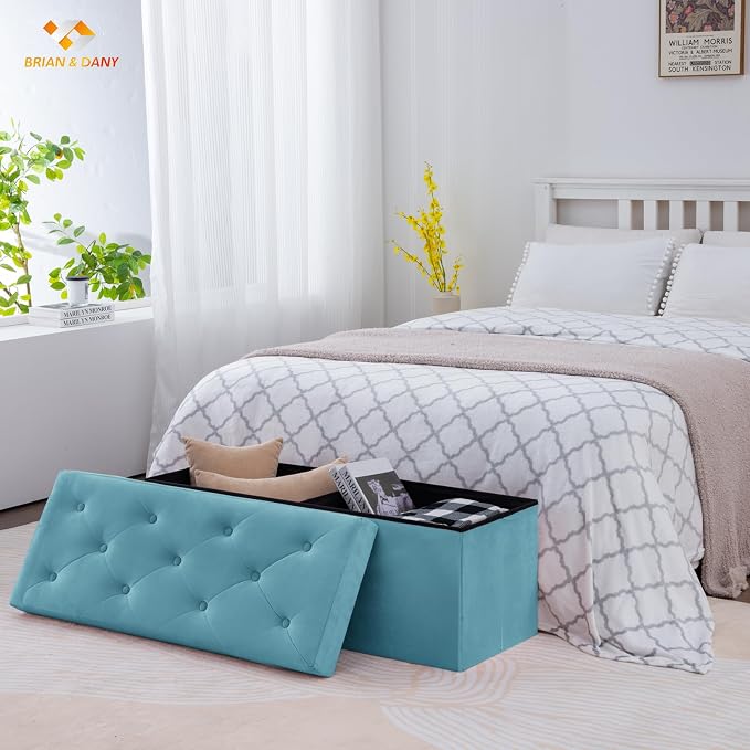 BRIAN & DANY 43 Inches Folding Storage Ottoman Bench, Velvet Ottoman with Storage for Living Room, Bedroom, Entryway, Ottoman Foot Rest, End of Bed Bench (Teal)