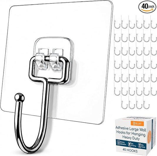 Adhesive Large Wall Hooks for Hanging Heavy Duty 22 lbs Hooks for Walls No Drill, Towel Sticky Clear Hooks, Waterproof, Home, Bathroom, Kitchen, Office, and Outdoor 40 Pack