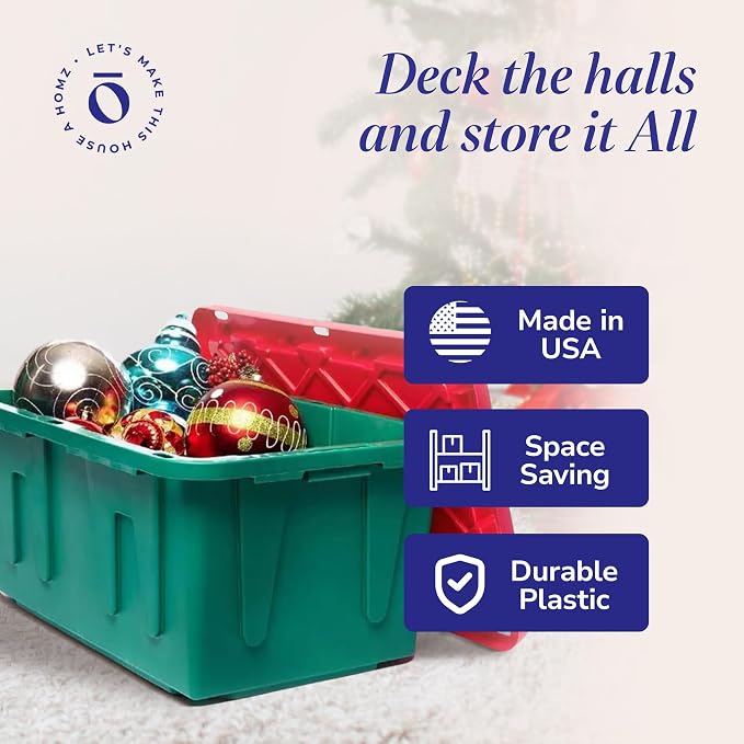 HOMZ Holiday Plastic Storage Container, 15 Gallon - Set of 2, Green and Red, 2 Sets | Heavy-Duty Large Stackable Container Seasonal Boxes for Home, Attic, and Garage Organization
