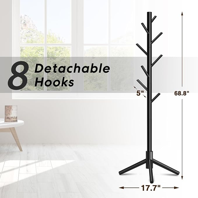 8-Hook Freestanding Coat Rack 3 Adjustable Heights Sturdy Black | Easy Tool-Free Setup,Ideal for Entryway Bedroom Hallway Office,Holds Clothes Hats Handbags,Space-Saving Vertical Design