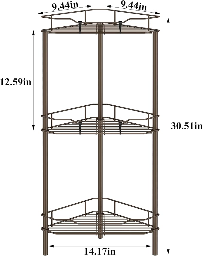 HuggieGems 3 Tier Floor Standing Corner Shower Caddy Organizer Shelf with Hooks, Bathroom Shelves Stand Rack, Bronze