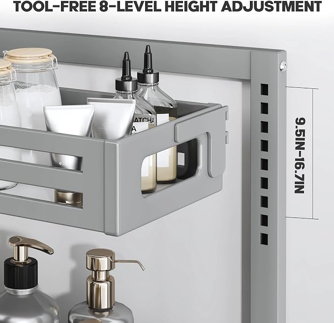 2 Pack Under Sink Organizer,Pull Out Cabinet Organizer With Smooth Cylindrical Rail,Metal Slide Out Drawer for Kitchen Bathroom Laundry Cabinet,8-Level Tool Free Height Adjustable-Gun Gray