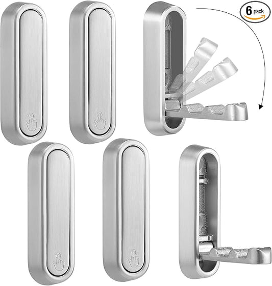 Folding Wall Hooks, 6 Pack, Silver, Zinc Alloy, Heavy Duty Coat Hooks | 90° Foldable Design, Wall Mounted, Zinc Alloy, Flip-Down Design, Includes Screws And Anchors, For Bedroom, Entryway, Closet