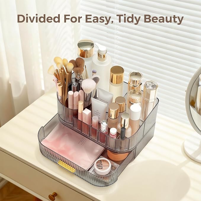 Delamu Rotating Makeup Organizer countertop, Brush Holder for Vanity, Black | Stackable Drawer Makeup Storage for Skincare, Lipstick, Brushes & Perfume, Fits Dresser & Bathroom Countertop, Gift for Women