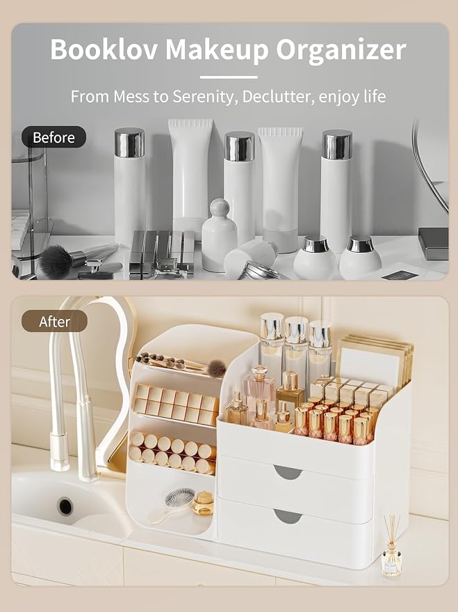 Booklov Small Makeup Organizer for Vanity Countertop, White | Plastic Cosmetic Display Case with Drawers, Beauty Brush Holder for Bathroom Counter, Skin Care Perfumes Storage