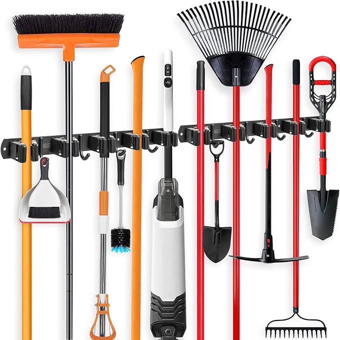 IMILLET 2 Pack Broom Holder Wall Mount, Heavy Duty Garage Organization | Stainless Steel Broom and Mop Organizer Wall Hanging Self Adhesive for Laundry Room,Garden,Utility