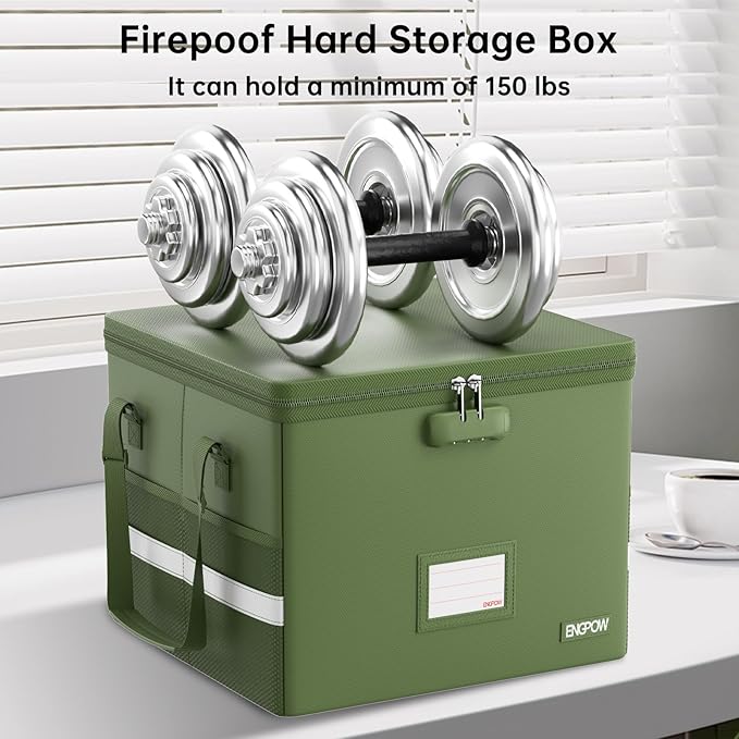 ENGPOW 5200°F File Box Fireproof Document Box with Lock,Heat Insulated Collapsible File Storage Organizer Box with Handle,Portable Home Office File Cabinet for Hanging Letter/Legal Size Folder, Green