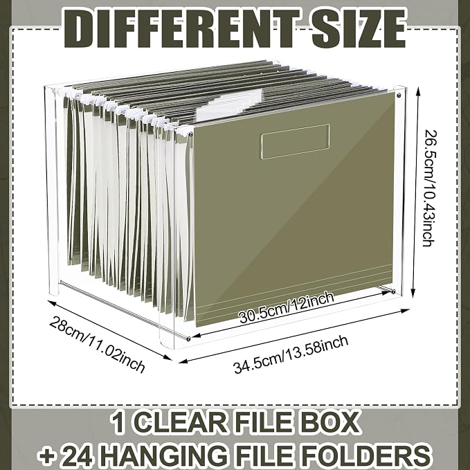 Dispowreath 24 Hanging File Folder with Acrylic Organizer for Letter/a4 Size Desktop Clear File Storage Box with Handles for Home Work Office Use (Green,Classic)