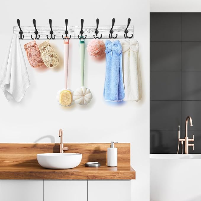 IBosins Wall Mounted Coat Rack, 31.4" Long with 8 Black Rustic Tri-Hooks | Vintage White Rustic Wood & Aluminum Coat Rack for Coat, Bag, Towel, Key, Hat, Umbrella