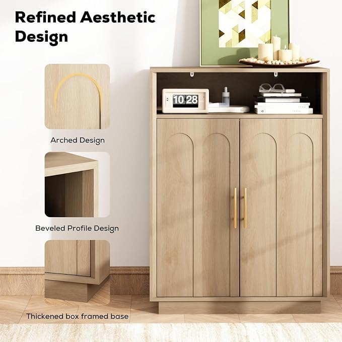 Set of 2 Shoe Cabinet with Arched Doors, 43" Hidden Storage, Oak | Tall Large, Adjustable Shelves, 5-Tier Mid Century Modern Shoe Rack Organizer, for Entryway Hallway Living Room