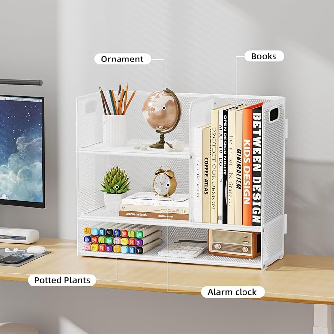 Marbrasse Desk Shelf Organizer with Handle, Bookshelf File Holder, White | 3-Tier Desktop Mesh Display Shelf Organizer Storage Rack for Office, Home, Supplies, Kitchen
