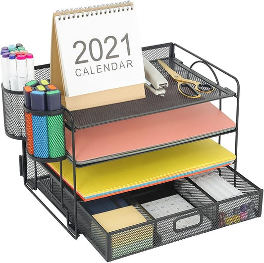 Marbrasse Desk Organizer, 4-Tier Paper File Letter Tray, Black | Sturdy Paper Tray, File Holder, Built-in Drawer, 2 Pen Slots, fits Letters/Files, for School Home Office Supplies