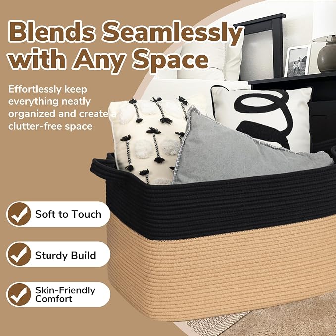 Goodpick 105L Extra Large Woven Blanket Basket Cotton Rope Storage Baskets for Organizing, Kids Toy Storage Organizer for Living Room Nursery, 25"x16"x16", Black & Jute