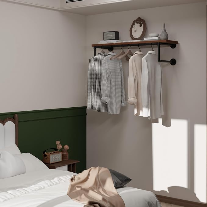Clothes Rack 36in, Wall Mounted Garment Racks with Brown Real Wood Shelf, Heavy Duty Hanging Clothes Rack, Multi-Purpose Hanging Rod, Space-Saving Closet Storage