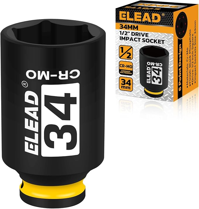 34 mm Socket 1/2" Drive Deep Impact Socket, Metric 6 Point 1/2-inch Drive Impact Axle Nut Sockets, CR-MO Nut Socket Set, Tools for Easy Removal of Axle Shaft Nuts