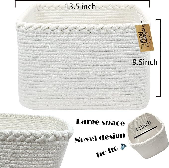 COMFY-HOMI 3PACK Cotton Rope Square Basket with Handles for Shelves| Storage|Baby Basket for GIF|Shoe Basket for Organizing|New13.5" x 11" x 9.5" for Living Room