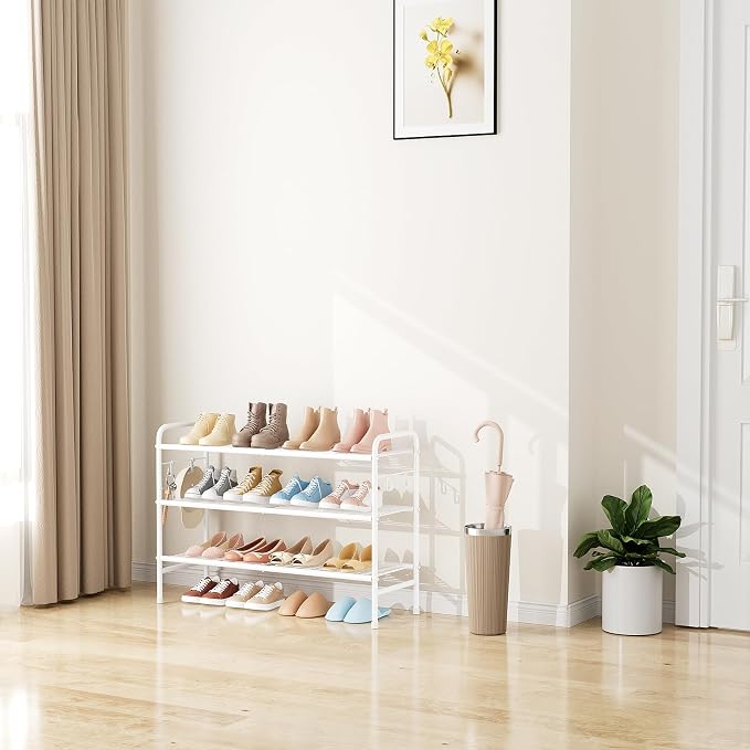 VILICK 3 Tier Shoe Rack 33" Wide Metal Shoe Organizer Long Shoe Storage with 4 Side Hooks Sturdy Shoes Shelf for Front Door Entrance, Closet, Garage, Dorm, White