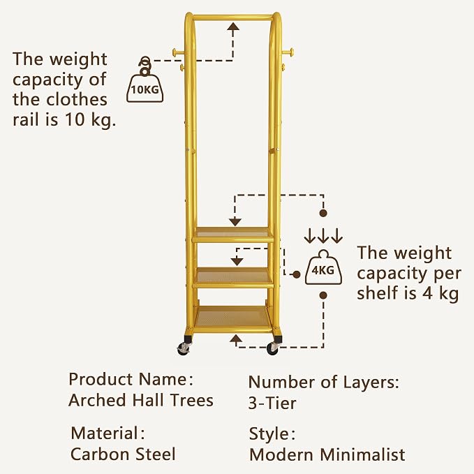 Dttwacoyh Clothing Rack with Wheels,Narrow Metal Garment Rack,Gold | Easy to install, 71.8 Inches Display Rack with 4 Side Hooks & 3 Shelves,for Small Flats, Bedroom, Entryway,Gold Clothes Rack