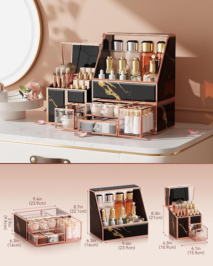 CoralHouse Glass Makeup Organizer with Brush Holder for Vanity | Black Skincare Organizer for Vanity, Stackable, Large Capacity, for Makeup Lipstick Perfumes Brush Skincare