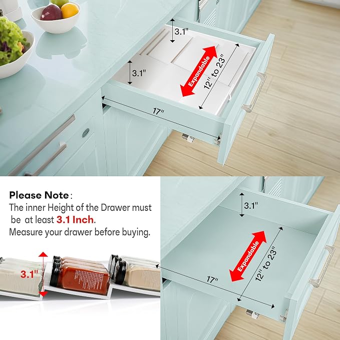 Bamboo Spice Drawer Organizer, (Need 3.1” Deep Drawer) Expandable 4 Tier Spice Rack for Cabinet (From 12" to 23" Wide), Seasoning Storage Insert, Spice Organizer for Drawer,Jars Not Included