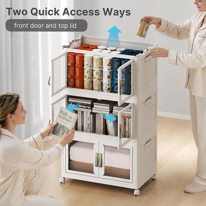 Stackable Storage Bins with Lids, 192QT Extra Large Storage Cabinet | Clear Doors, Foldable Storage Drawers, Heavy Duty, Collapsible Closet Organizers for Bedroom Office (4, White, 48, Quarts)