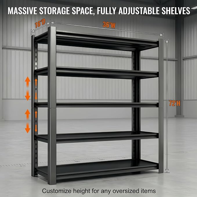 2750 LBS Storage Shelves,Garage Shelves,5-Tier Adjustable Shelving Units and storagefor Garage, Basement, Warehouse, Pantry 36" W x 16" D x 72" H,Black