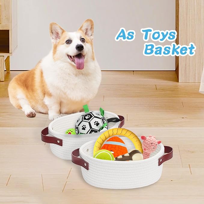 ABenkle Small Woven Basket, Mini Cotton Rope Storage Tiny Shelf Oval Decorative Toy Dog Cat Bin for Nursery, Empty Gift Basket with Gift Bags and Ribbon - White
