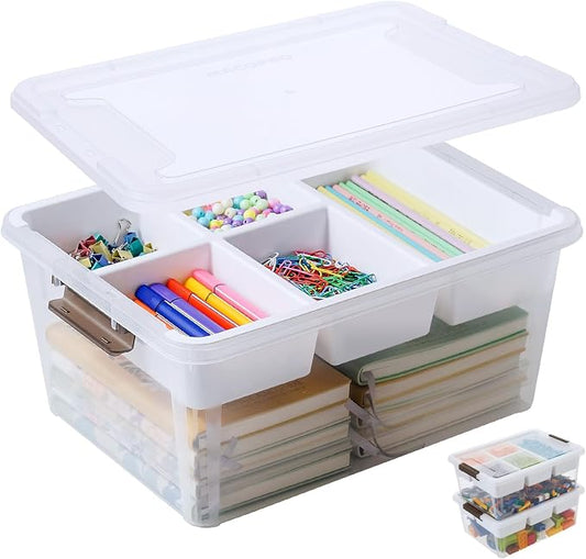 MACOPRO 17QT Clear Plastic Box Craft Storage Bin with Removable Tray & Lid | 1-pack container, art supply organizer for playdoh, sewing, beads & craft tools, space-saving stackable bins organization