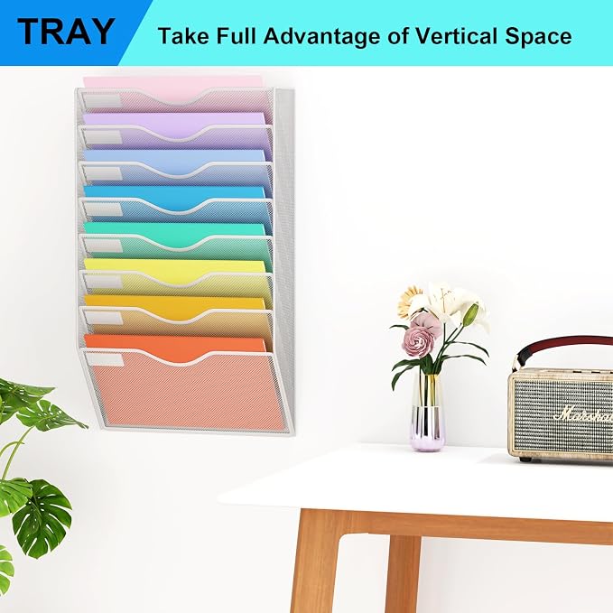 8 Pockets Mesh Hanging Wall File Holder Organizer Wall Mounted Paper Magazine Rack, Silver