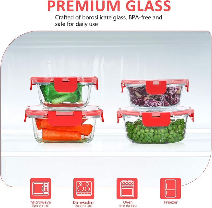 24 Pieces Glass Food Storage Containers Set, Meal Prep Containers, BPA-Free Airtight Glass Storage Containers with lids, Freezer, Microwave and Oven Safe, Red