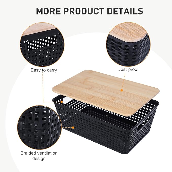 Storage Bins with Lids 6 Packs, Plastic Storage Bins with Bamboo Lids for Pantry Organization and Storage Containers for Shelves Drawers Desktop Closet Office Home, Black