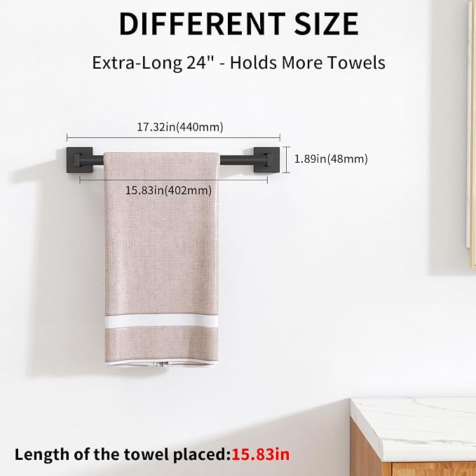 MKO Towel Bar for Bathroom, 16" 2 Pack Wall Mounted Towel Rack, Black | Hand Towel Holder Rod with Heavy-Duty Stainless Steel for Bathroom Kitchen Hanger, 2 Pack Value