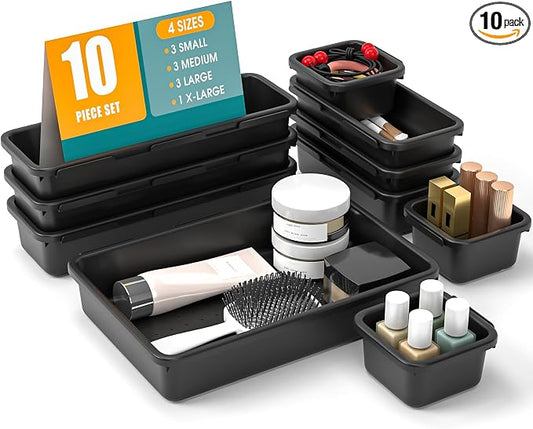 StoreHappily 10 PCS Drawer Organizer Set, 4 Size Makeup Drawer Divider Organizer With Non-Slip Pads, Interlocking Plastic Storage Bins for Office,Jewelry Vanity,Gadgets, Bathroom,Kitchen, Black