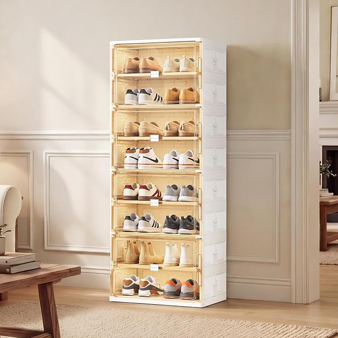 JEKO&JEKO 8 Tiers Foldable Shoe Rack Organizer Cabinet for Closet Entryway, Large Collapsible Shoe Storage Box with Magnetic Doors (White)
