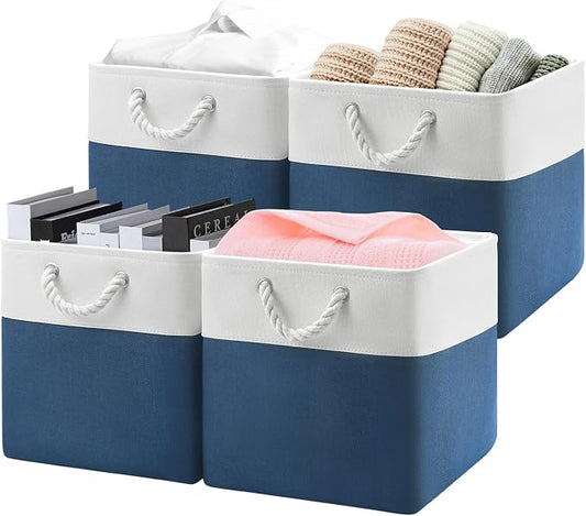 Patvingot 13-Inch Fabric Cube Storage Bins with Handles,4 Pack,Foldable | For cube shelves and closets,keeps grouped for everyday access,reinforced opening and fold-flat storage,white and blue